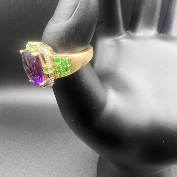 14k Gold ring, Amethyst Diamond, and Peridot Statement Ring, Size 7 - Picture 3 of 11